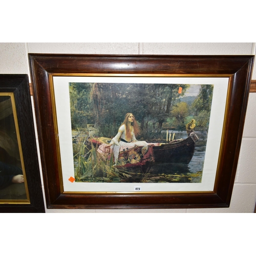 473 - A QUANTITY OF  FRAMED PRINTS ETC, to include print reproductions of paints including John William Wa... 