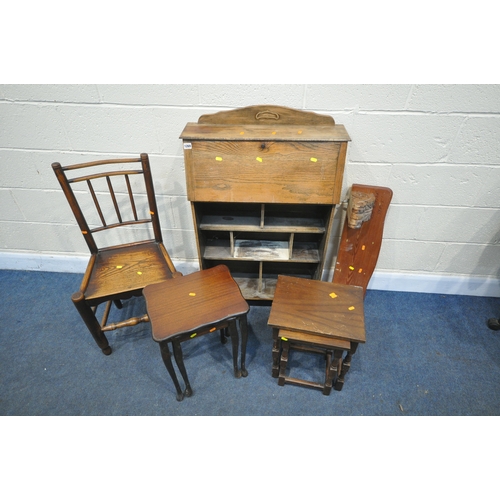 1269 - A SELECTION OF OCCASIONAL FURNITURE, to include a slim oak fall front bureau, 68cm x depth 24cm x he... 