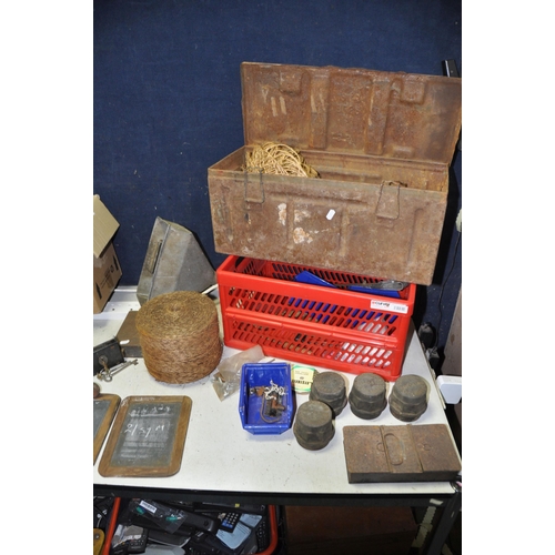 1077 - TWO BOXES OF MISCELLANEOUS to include large hinges, screws, small military tins, galvanised funnel, ... 