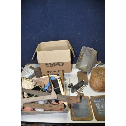 1077 - TWO BOXES OF MISCELLANEOUS to include large hinges, screws, small military tins, galvanised funnel, ... 