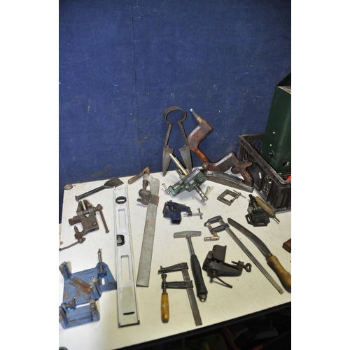 1089 - A TRAY OF VINTAGE TOOLS to include various clamps and vices, vintage wooden hand drill, files, hamme... 