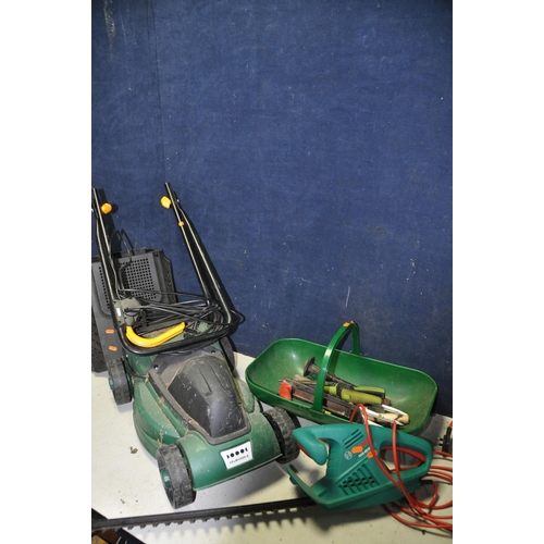 1095 - A BOSCH AHS45-16 hedge trimmer along with a unbranded lawn mower (PAT pass and working) and a plasti... 