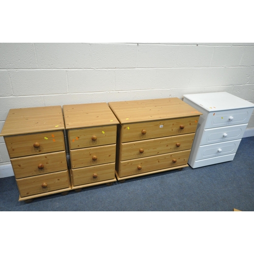 1205 - A PINE EFFECT CHEST OF THREE DRAWERS, width 84cm x depth 46cm x height 84cm, and pair of three drawe... 