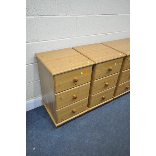 1205 - A PINE EFFECT CHEST OF THREE DRAWERS, width 84cm x depth 46cm x height 84cm, and pair of three drawe... 