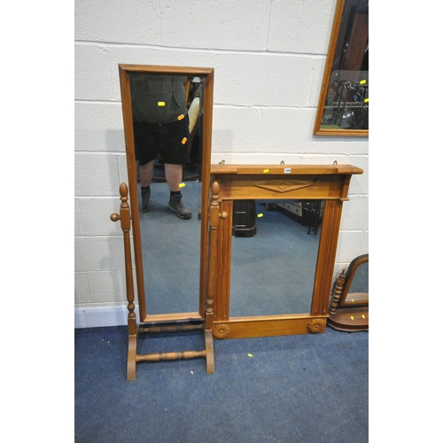 1208 - A SELECTION OF MIRRORS, to include a beech overmantel wall mirror, 76cm x 104cm, a pine cheval mirro... 