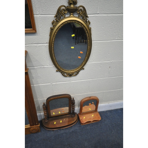 1208 - A SELECTION OF MIRRORS, to include a beech overmantel wall mirror, 76cm x 104cm, a pine cheval mirro... 