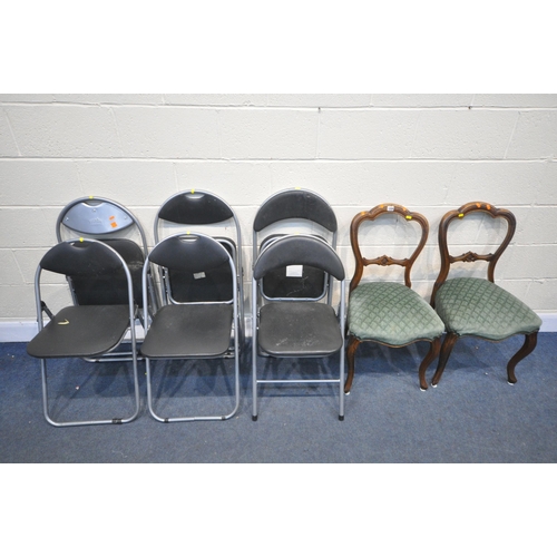 1209 - SIX MODERN FOLDING CHAIRS (condition:-some with town fabric) and a pair of Victorian chairs, with ca... 