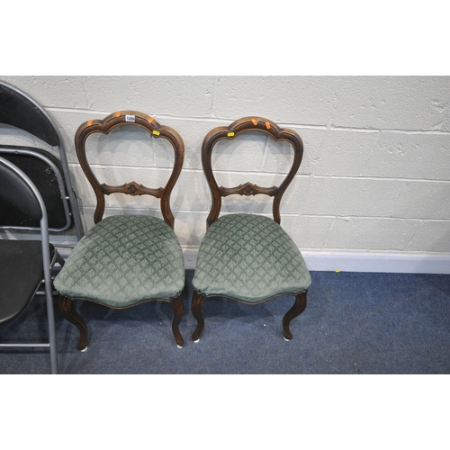 1209 - SIX MODERN FOLDING CHAIRS (condition:-some with town fabric) and a pair of Victorian chairs, with ca... 