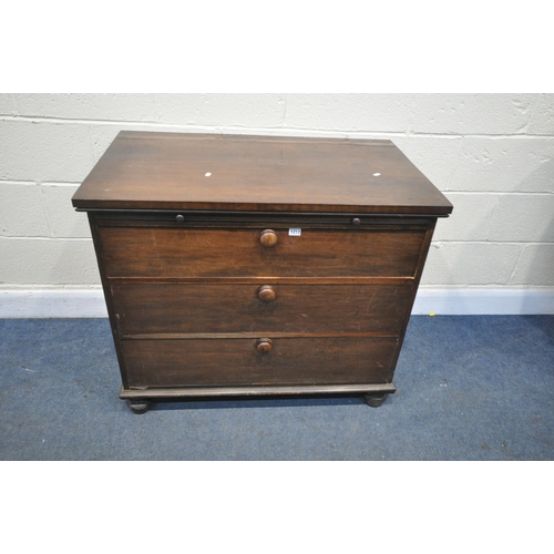 1213 - A VICTORIAN MAHOGANY CHEST OF THREE LONG DRAWERS, with a long brushing slide, on bun feet, width 97c... 