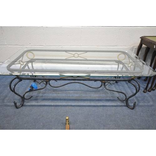 1218 - A WROUGHT IRON AND GLASS COFFEE TABLE, length 122cm x depth 66cm x height 60cm, a brass and copper f... 