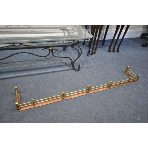 1218 - A WROUGHT IRON AND GLASS COFFEE TABLE, length 122cm x depth 66cm x height 60cm, a brass and copper f... 