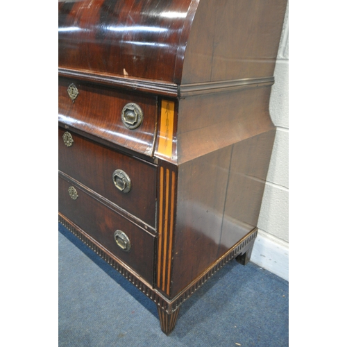 1220 - AN 18TH CENTURY CONTINENTAL MAHOGANY BARREL BUREAU, the pull out writing surface opening the barrel ... 