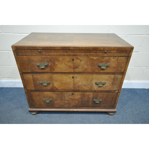 1221 - A LATE 18/EARLY 19TH CENTURY FIGURED WALNUT CHEST OF THREE LONG DRAWERS, brushing slide two with wri... 