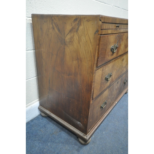 1221 - A LATE 18/EARLY 19TH CENTURY FIGURED WALNUT CHEST OF THREE LONG DRAWERS, brushing slide two with wri... 