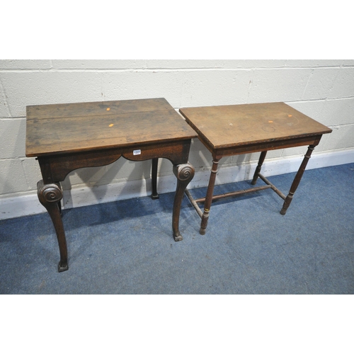 1227 - A GEORGIAN OAK RECTANGULAR TABLE, with plank top, shaped frieze, on cabriole legs with scrolled carv... 