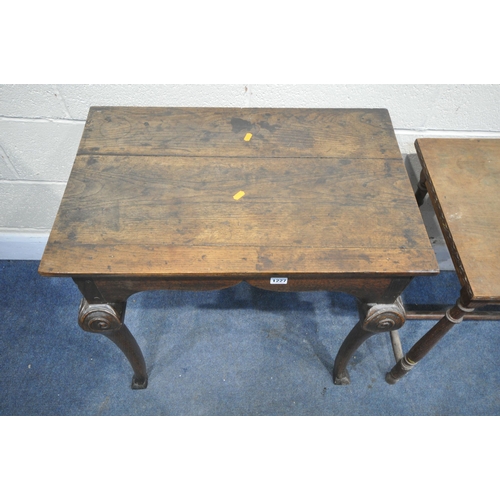 1227 - A GEORGIAN OAK RECTANGULAR TABLE, with plank top, shaped frieze, on cabriole legs with scrolled carv... 