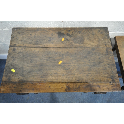 1227 - A GEORGIAN OAK RECTANGULAR TABLE, with plank top, shaped frieze, on cabriole legs with scrolled carv... 