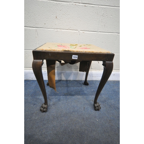 1232 - A LATE 19TH CENTURY IRISH MAHOGANY DRESSING STOOL, with a needlework seat, on cabriole legs, and hai... 