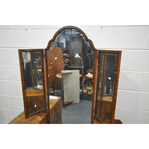 1233 - AN EARLY 20TH CENTURY QUEEN ANNE BURR WALNUT PEDESTAL DRESSING TABLE, with a long mirror flanked by ... 