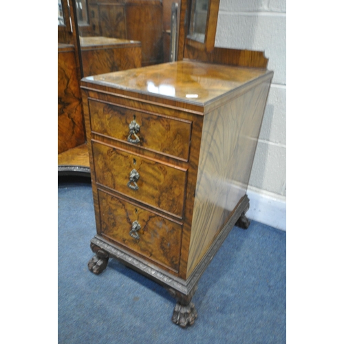 1233 - AN EARLY 20TH CENTURY QUEEN ANNE BURR WALNUT PEDESTAL DRESSING TABLE, with a long mirror flanked by ... 