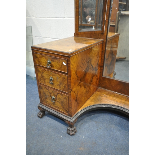 1233 - AN EARLY 20TH CENTURY QUEEN ANNE BURR WALNUT PEDESTAL DRESSING TABLE, with a long mirror flanked by ... 