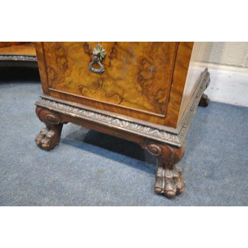 1233 - AN EARLY 20TH CENTURY QUEEN ANNE BURR WALNUT PEDESTAL DRESSING TABLE, with a long mirror flanked by ... 