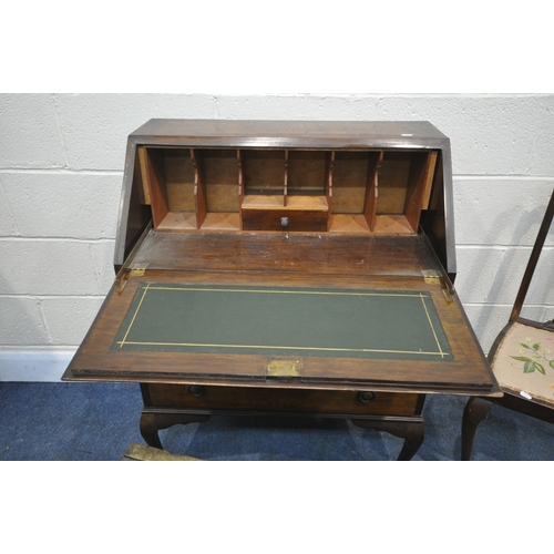 1238 - AN EARLY 20TH CENTURY WALNUT BUREAU, with three drawers, on cabriole legs, width 75cm x depth 41m x ... 