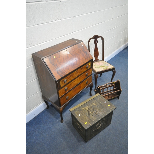 1238 - AN EARLY 20TH CENTURY WALNUT BUREAU, with three drawers, on cabriole legs, width 75cm x depth 41m x ... 