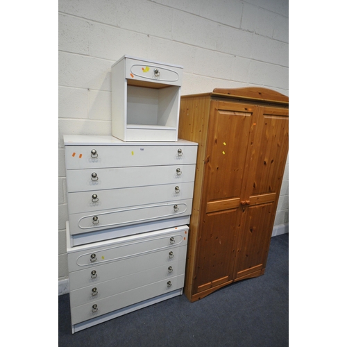 1243 - A MODERN PINE DOUBLE DOOR WARDROBE, width 97cm x depth 54cm x height 184cm, two white chest of four ... 