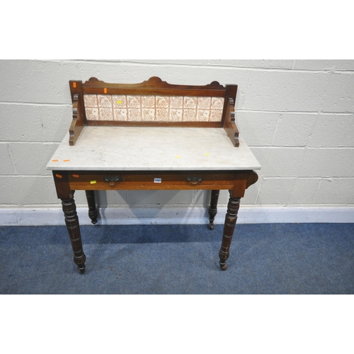 1247 - AN EDWARDIAN WALNUT MARBLE WASHSTAND, with a marble back, with a single drawer, width 92cm x depth 4... 