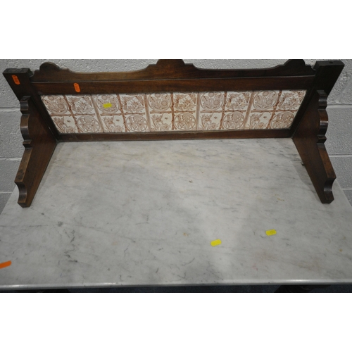 1247 - AN EDWARDIAN WALNUT MARBLE WASHSTAND, with a marble back, with a single drawer, width 92cm x depth 4... 