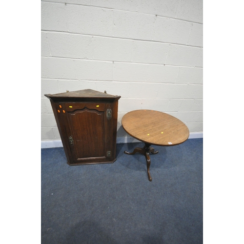 1248 - A GEORGIAN MAHOGANY CIRCULAR TILT TOP TRIPOD TABLE, diameter 80cm x height 70cm, and a Georgian oak ... 