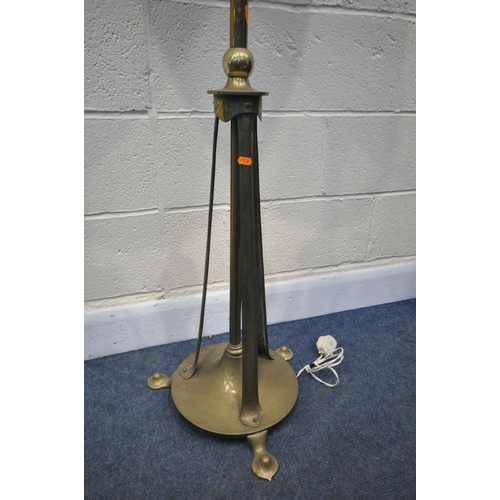 1249 - AN ARTS AND CRAFTS BRASS TELESCOPIC OIL LAMP, converted to a standard lamp, max height 179cm x min h... 