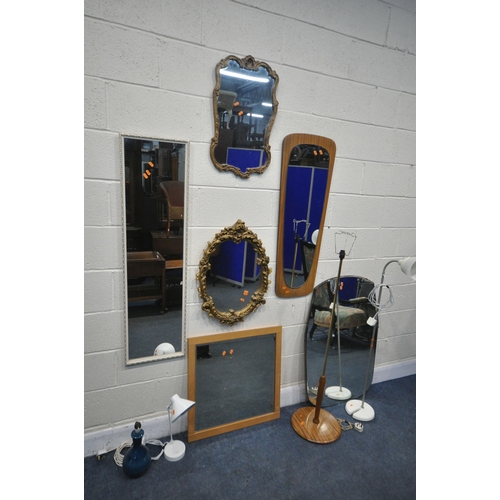 1250 - A SELECTION OF WALL MIRRORS, of various sizes, and materials, along with a mid century teak standard... 