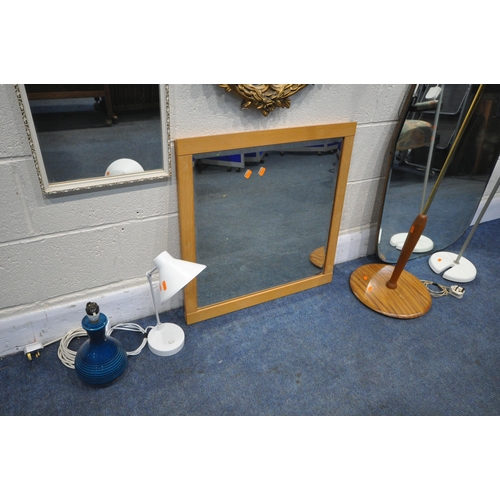 1250 - A SELECTION OF WALL MIRRORS, of various sizes, and materials, along with a mid century teak standard... 