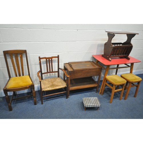 1251 - A SELECTION OF OCCASIONAL FURNITURE, to include an oak drop leaf tea trolley, a mid century red Form... 