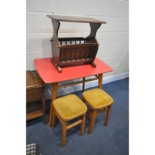 1251 - A SELECTION OF OCCASIONAL FURNITURE, to include an oak drop leaf tea trolley, a mid century red Form... 