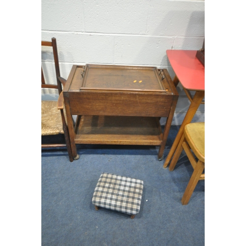 1251 - A SELECTION OF OCCASIONAL FURNITURE, to include an oak drop leaf tea trolley, a mid century red Form... 