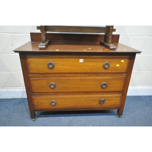 1256 - A 20TH CENTURY OAK DRESSING CHEST, with three long drawers, and an oval mirror, width 107cm x depth ... 