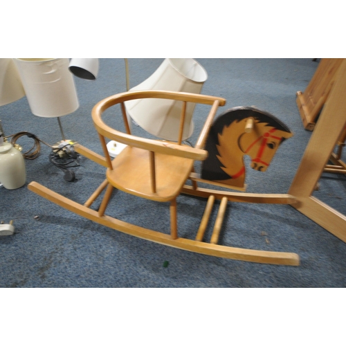 1262 - A DOLLS BOW ROCKING HORSE, along with six table lamps including two brass lamps, and a wall mirror (... 