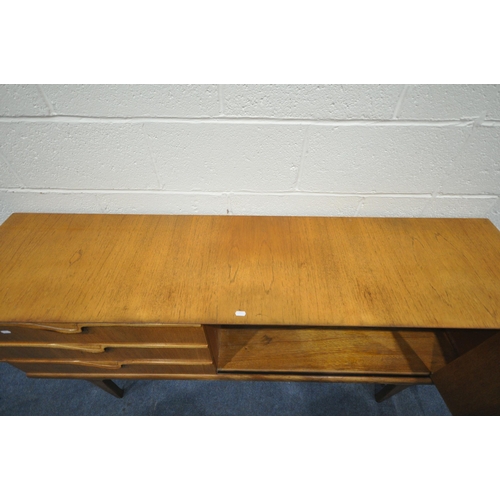 1275 - A MID-CENTURY TEAK SIDEBOARD, with three drawers besides bi-fold doors, on tapered legs, width 167cm... 