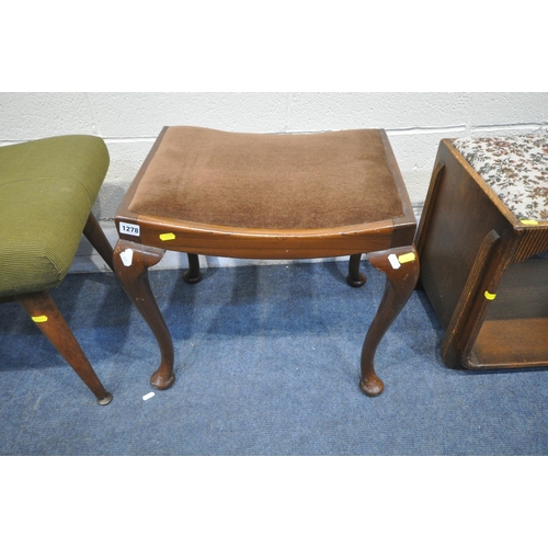 1278 - A MID CENTURY MEREDEW TEAK DRESSING STOOL, along with an Art Deco oak dressing stool, and a Queen An... 