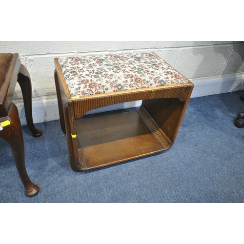 1278 - A MID CENTURY MEREDEW TEAK DRESSING STOOL, along with an Art Deco oak dressing stool, and a Queen An... 