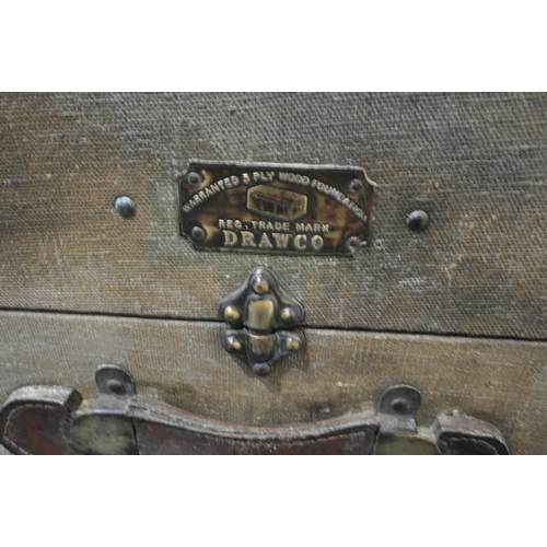 1280 - A VINTAGE WOODEN AND CANVAS DOMED TOP TRUNK, with leather straps, width 88cm x depth 56cm x height 6... 