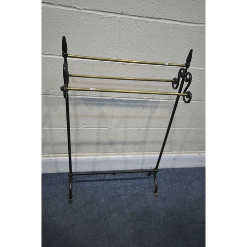 1282 - A 20TH CENTURY WROUGHT IRON AND BRASS GOTHIC TOWEL RAIL, width 63cm x depth 24cm