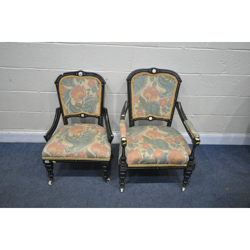 1284 - AN EARLY 20TH CENTURY EBONISED ARMCHAIR, and a matching chair (2)