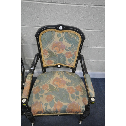 1284 - AN EARLY 20TH CENTURY EBONISED ARMCHAIR, and a matching chair (2)