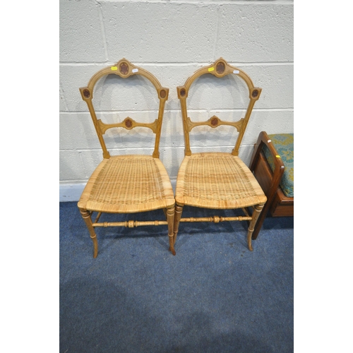 1288 - A MID CENTURY TEAK DOUBLE DRESSING STOOL, length 89cm x depth 44cm x height 55cm, two Satinwood rush... 