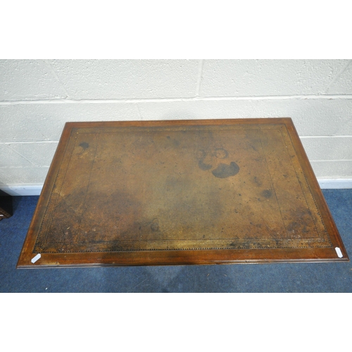 1293 - AN EDWARDIAN MAHOGANY DESK, with a green leather writing surface, five drawers, on square tapered le... 