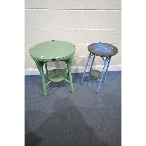 1296 - A LLOYD LOOM GREEN PAINTED WICKER OCCASIONAL TABLE, diameter 56cm x height 71cm, and a Lloyd loom pl... 